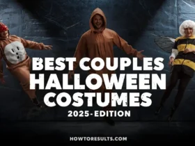 A dark, high-impact hero image for the best couples Halloween costumes 2025, featuring a dynamic arrangement of funny costumes like Peanut Butter & Jelly, with 'BEST COUPLES HALLOWEEN COSTUMES' text and howtoresults.com logo.