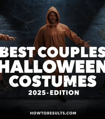 A dark, high-impact hero image for the best couples Halloween costumes 2025, featuring a dynamic arrangement of funny costumes like Peanut Butter & Jelly, with 'BEST COUPLES HALLOWEEN COSTUMES' text and howtoresults.com logo.