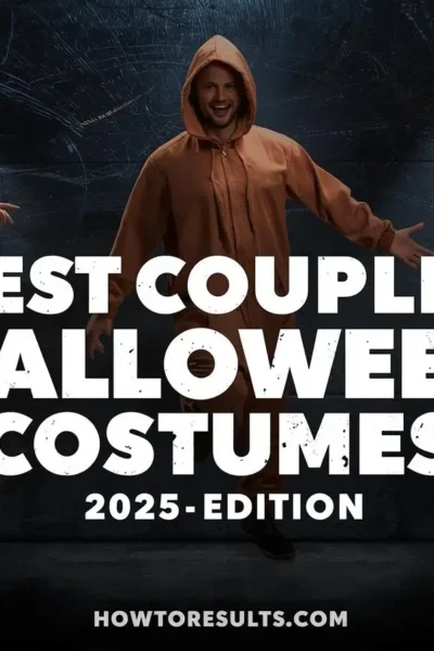 A dark, high-impact hero image for the best couples Halloween costumes 2025, featuring a dynamic arrangement of funny costumes like Peanut Butter & Jelly, with 'BEST COUPLES HALLOWEEN COSTUMES' text and howtoresults.com logo.