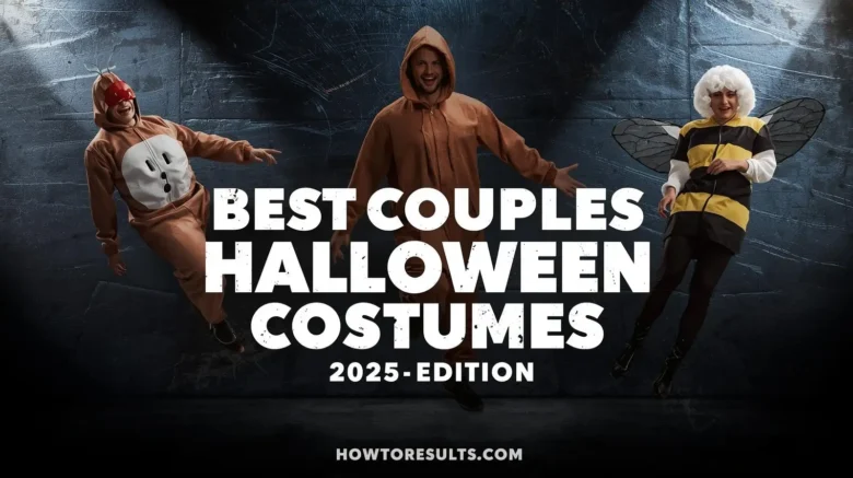 A dark, high-impact hero image for the best couples Halloween costumes 2025, featuring a dynamic arrangement of funny costumes like Peanut Butter & Jelly, with 'BEST COUPLES HALLOWEEN COSTUMES' text and howtoresults.com logo.