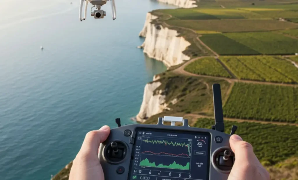 A commercial drone pilot operating a high-tech controller, with a drone flying over a scenic landscape in the background.