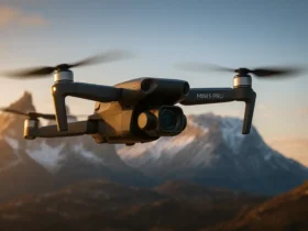 A DJI Mini 5 Pro drone in flight, showcasing its advanced camera system against a cinematic mountain landscape during a beautiful golden hour. DJI Mini 5 Pro Review