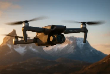 A DJI Mini 5 Pro drone in flight, showcasing its advanced camera system against a cinematic mountain landscape during a beautiful golden hour. DJI Mini 5 Pro Review