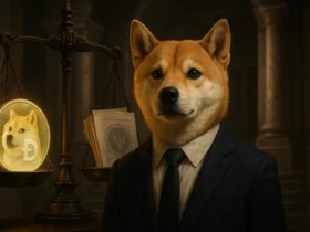 An illustration depicting the Doge Transparency FOIA lawsuit: the Dogecoin dog stands before the scales of justice, which are weighing a crypto coin against SEC documents, symbolizing the legal battle over crypto regulation. doge transparency foia lawsuit​
