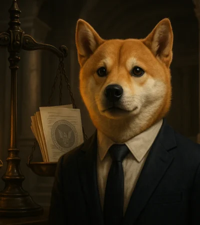 An illustration depicting the Doge Transparency FOIA lawsuit: the Dogecoin dog stands before the scales of justice, which are weighing a crypto coin against SEC documents, symbolizing the legal battle over crypto regulation. doge transparency foia lawsuit​