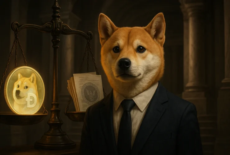 An illustration depicting the Doge Transparency FOIA lawsuit: the Dogecoin dog stands before the scales of justice, which are weighing a crypto coin against SEC documents, symbolizing the legal battle over crypto regulation. doge transparency foia lawsuit