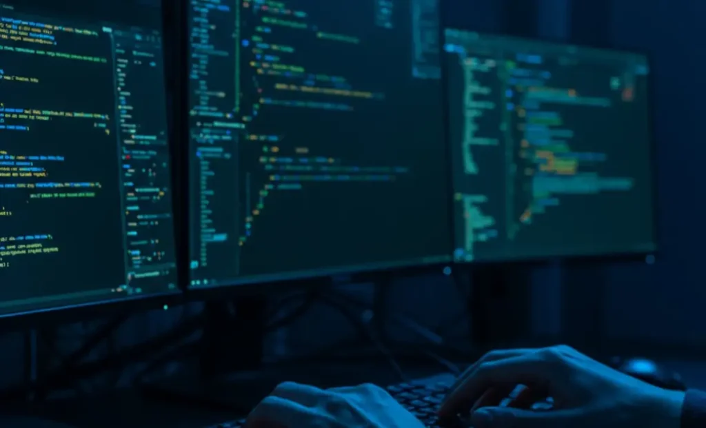 An ethical hacker's hands typing code on a keyboard, with multiple screens showing cybersecurity analytics and network data.