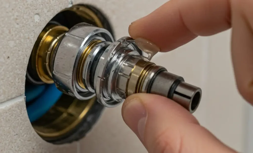 A person performing the action of Step 6: inserting a new replacement cartridge into the bathtub faucet.