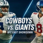 A "versus" graphic for the Dallas Cowboys vs. New York Giants NFL rivalry game, featuring quarterbacks Dak Prescott and Daniel Jones. Cowboys vs Giants
