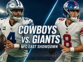 A "versus" graphic for the Dallas Cowboys vs. New York Giants NFL rivalry game, featuring quarterbacks Dak Prescott and Daniel Jones. Cowboys vs Giants