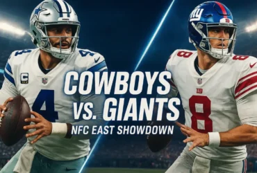 A "versus" graphic for the Dallas Cowboys vs. New York Giants NFL rivalry game, featuring quarterbacks Dak Prescott and Daniel Jones. Cowboys vs Giants