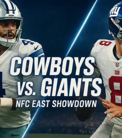 A "versus" graphic for the Dallas Cowboys vs. New York Giants NFL rivalry game, featuring quarterbacks Dak Prescott and Daniel Jones. Cowboys vs Giants