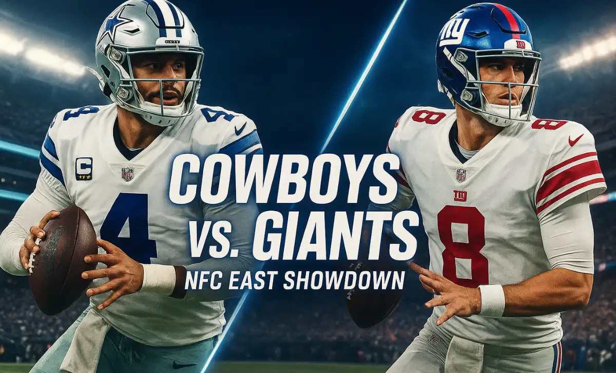 A "versus" graphic for the Dallas Cowboys vs. New York Giants NFL rivalry game, featuring quarterbacks Dak Prescott and Daniel Jones. Cowboys vs Giants