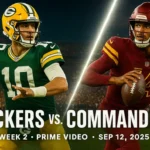 A "versus" graphic featuring Green Bay Packers quarterback Jordan Love and Washington Commanders quarterback Jayden Daniels, highlighting their Week 2 NFL 2025 matchup on Prime Video. Packers vs Commanders
