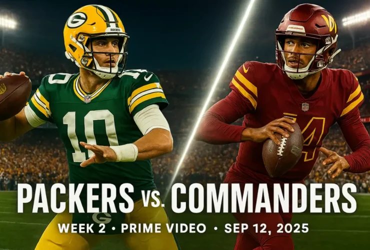 A "versus" graphic featuring Green Bay Packers quarterback Jordan Love and Washington Commanders quarterback Jayden Daniels, highlighting their Week 2 NFL 2025 matchup on Prime Video. Packers vs Commanders
