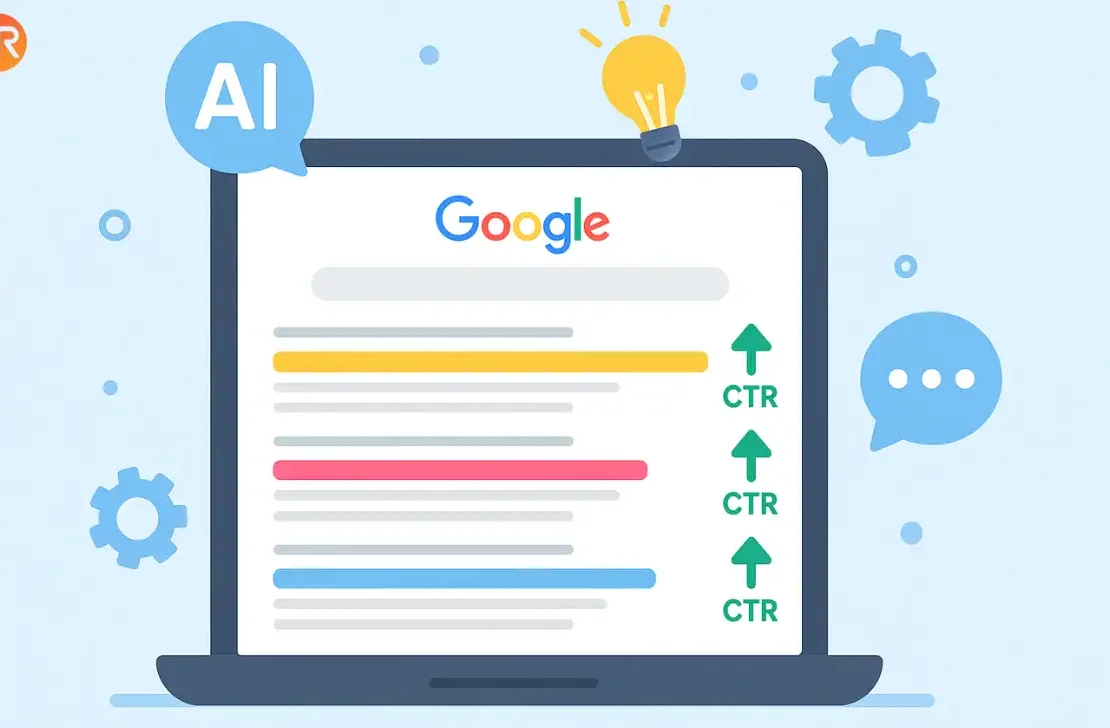 Cartoon illustration of a laptop with Google search results, AI icons, and upward arrows showing higher click-through rate using artificial intelligence. How to Use AI to Improve Your CTR