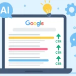 Cartoon illustration of a laptop with Google search results, AI icons, and upward arrows showing higher click-through rate using artificial intelligence. How to Use AI to Improve Your CTR