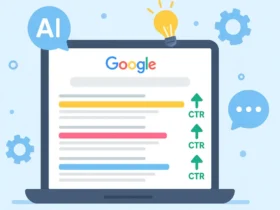 Cartoon illustration of a laptop with Google search results, AI icons, and upward arrows showing higher click-through rate using artificial intelligence. How to Use AI to Improve Your CTR