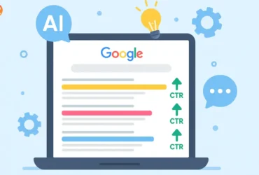 Cartoon illustration of a laptop with Google search results, AI icons, and upward arrows showing higher click-through rate using artificial intelligence. How to Use AI to Improve Your CTR