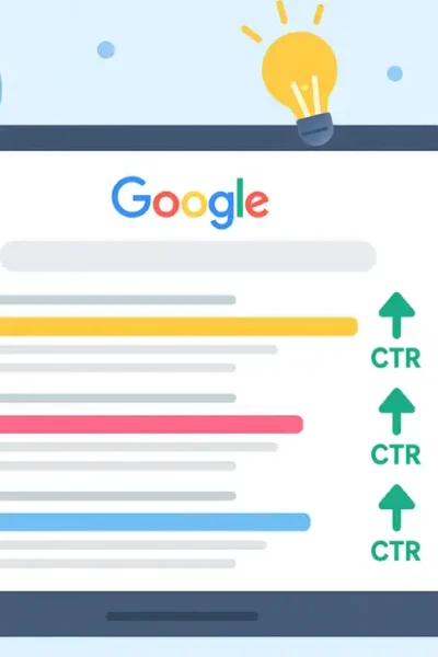 Cartoon illustration of a laptop with Google search results, AI icons, and upward arrows showing higher click-through rate using artificial intelligence. How to Use AI to Improve Your CTR