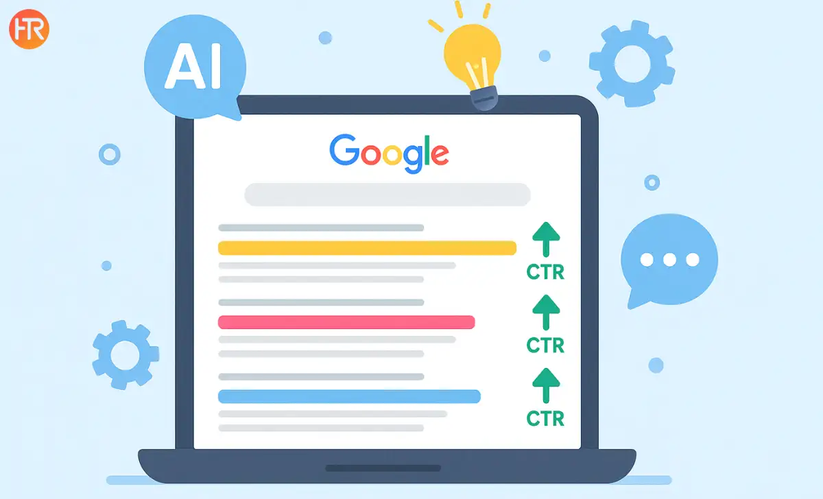 Cartoon illustration of a laptop with Google search results, AI icons, and upward arrows showing higher click-through rate using artificial intelligence. How to Use AI to Improve Your CTR
