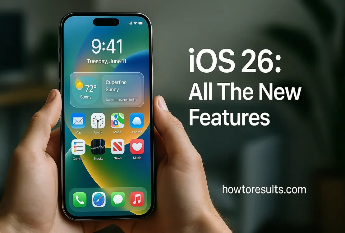 A realistic hero image showing a person holding an iPhone with the new iOS 26 home screen, highlighting the Liquid Glass design and new features.