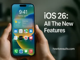 A realistic hero image showing a person holding an iPhone with the new iOS 26 home screen, highlighting the Liquid Glass design and new features.