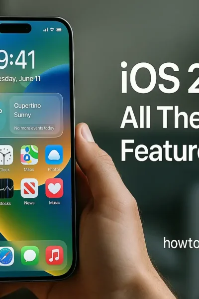 A realistic hero image showing a person holding an iPhone with the new iOS 26 home screen, highlighting the Liquid Glass design and new features.
