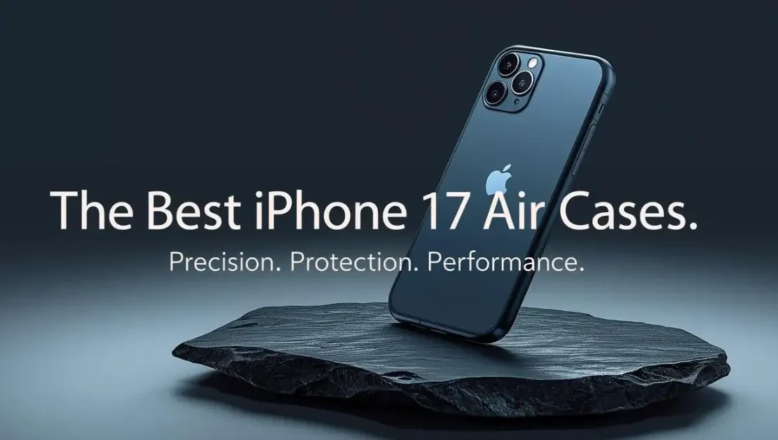 A modern and elegant hero image for the best iPhone 17 Air cases, showing the user-provided light blue iPhone 17 Air in a slim graphite case, resting on a dark slate surface.
