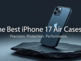 A modern and elegant hero image for the best iPhone 17 Air cases, showing the user-provided light blue iPhone 17 Air in a slim graphite case, resting on a dark slate surface.