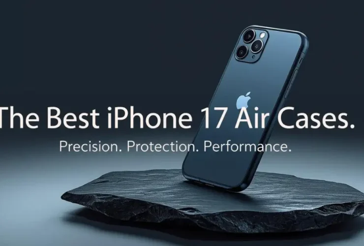 A modern and elegant hero image for the best iPhone 17 Air cases, showing the user-provided light blue iPhone 17 Air in a slim graphite case, resting on a dark slate surface.