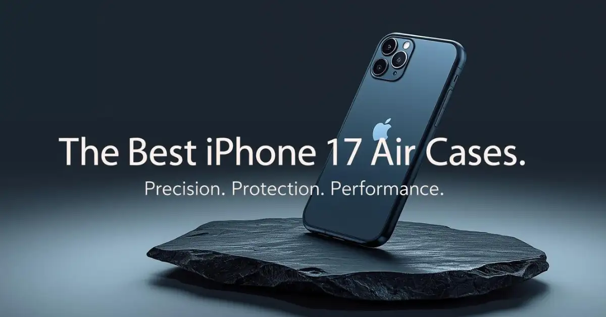 A modern and elegant hero image for the best iPhone 17 Air cases, showing the user-provided light blue iPhone 17 Air in a slim graphite case, resting on a dark slate surface.