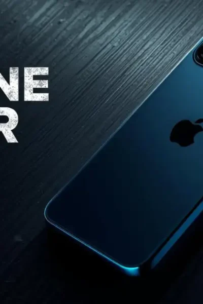 A dark and edgy hero banner for an iPhone 17 Air review, featuring the ultra-thin concept phone in Glacial Blue with the title 'iPhone 17 Air Review: Worth It?' for howtoresults.com.