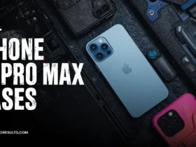 A dark, high-contrast hero image for an article on the best iPhone 17 Pro Max cases, featuring the light blue iPhone 17 Pro Max surrounded by various protective cases, with 'BEST IPHONE 17 PRO MAX CASES' text overlay and howtoresults.com logo.