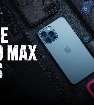 A dark, high-contrast hero image for an article on the best iPhone 17 Pro Max cases, featuring the light blue iPhone 17 Pro Max surrounded by various protective cases, with 'BEST IPHONE 17 PRO MAX CASES' text overlay and howtoresults.com logo.