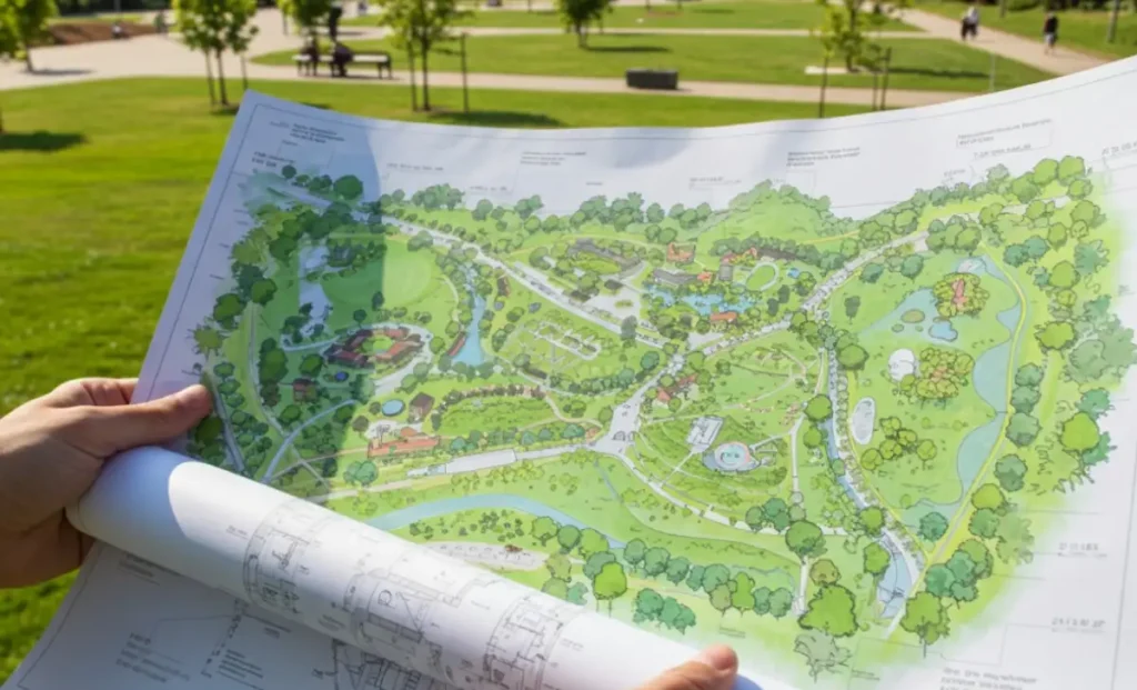 A landscape architect's hands unrolling and reviewing detailed blueprints for an outdoor park design on-site.
