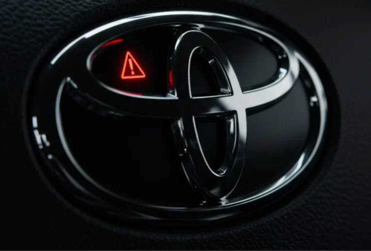 A sleek, modern Toyota steering wheel emblem with the reflection of a red dashboard warning light, symbolizing the urgent Toyota Recall 2025 for a critical airbag sensor defect.