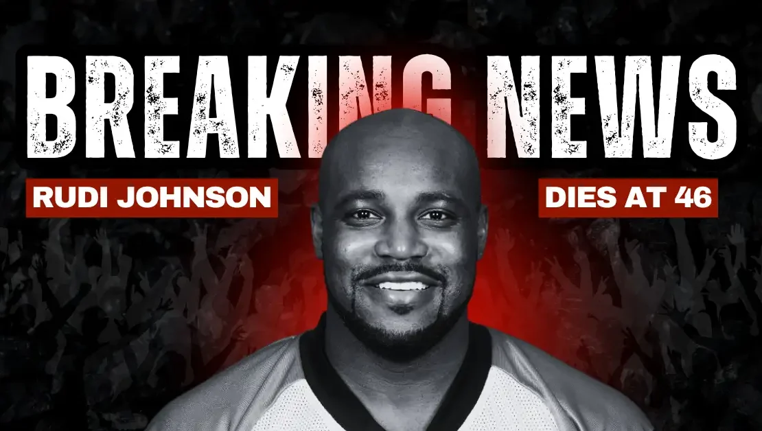 Breaking news graphic announcing the death of former Cincinnati Bengals running back Rudi Johnson at age 46.