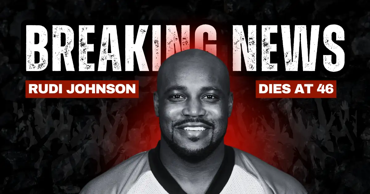 Breaking news graphic announcing the death of former Cincinnati Bengals running back Rudi Johnson at age 46.