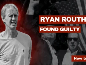 News banner graphic showing Ryan Routh, who was found guilty in the assassination of President Trump.