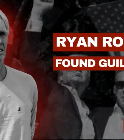 News banner graphic showing Ryan Routh, who was found guilty in the assassination of President Trump.