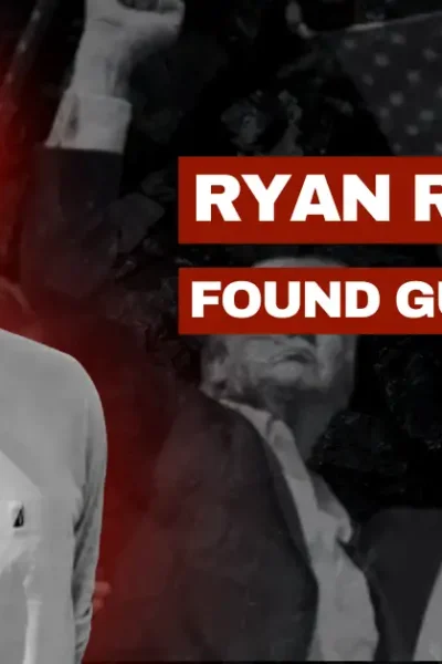 News banner graphic showing Ryan Routh, who was found guilty in the assassination of President Trump.