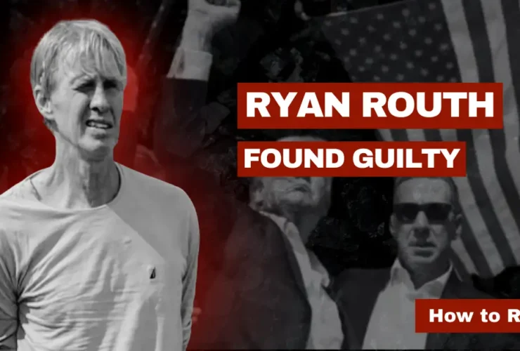 News banner graphic showing Ryan Routh, who was found guilty in the assassination of President Trump.