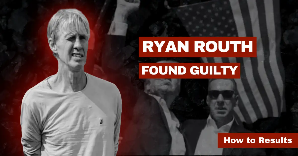 News banner graphic showing Ryan Routh, who was found guilty in the assassination of President Trump.