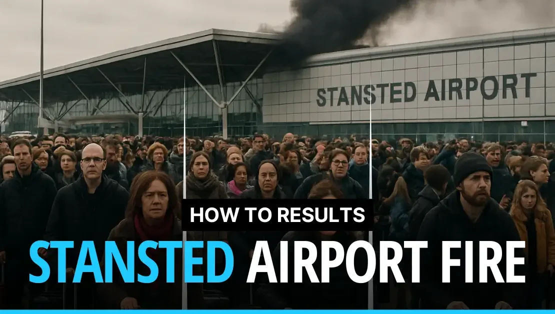 Thousands of evacuated passengers stand outside Stansted Airport with smoke rising from the terminal building due to a fire.