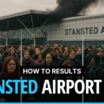 Thousands of evacuated passengers stand outside Stansted Airport with smoke rising from the terminal building due to a fire.