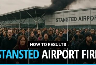 Thousands of evacuated passengers stand outside Stansted Airport with smoke rising from the terminal building due to a fire.