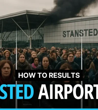 Thousands of evacuated passengers stand outside Stansted Airport with smoke rising from the terminal building due to a fire.