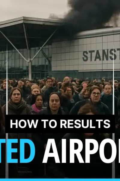 Thousands of evacuated passengers stand outside Stansted Airport with smoke rising from the terminal building due to a fire.