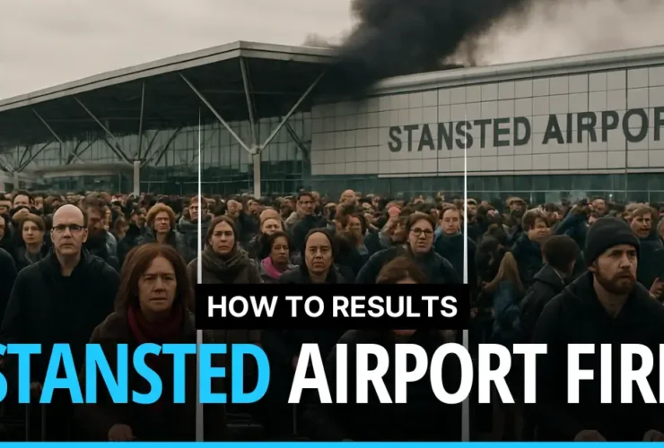 Thousands of evacuated passengers stand outside Stansted Airport with smoke rising from the terminal building due to a fire.